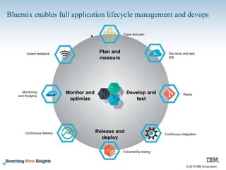 © 2015 IBM Corporation
10
Continuous delivery
Manage & monitor
Instant feedback
Track and plan
Dev tools and web
IDE
Repos
Continuous integration
Vulnerability testing
Plan and
measure
Release and
deploy
Develop and
test
Monitor and
optimize
Monitoring
and Analytics
Bluemix enables full application lifecycle management and devops
 