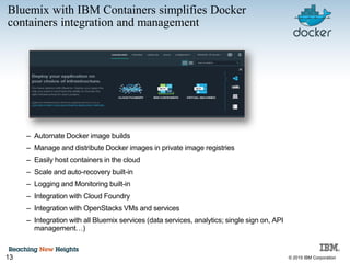 © 2015 IBM Corporation
Bluemix with IBM Containers simplifies Docker
containers integration and management
13
– Automate Docker image builds
– Manage and distribute Docker images in private image registries
– Easily host containers in the cloud
– Scale and auto-recovery built-in
– Logging and Monitoring built-in
– Integration with Cloud Foundry
– Integration with OpenStacks VMs and services
– Integration with all Bluemix services (data services, analytics; single sign on, API
management…)
 