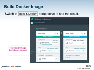 © 2015 IBM Corporation
Build Docker Image
18
Switch to EDIT CODE perspective to see the result.Build & Deploy
The docker image
have been created.
 