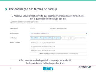 Personalização das tarefas de backup
O Arcserve Cloud Direct permite que sejam personalizadas definindo hora,
dia, e quantidade de backups por dia.
A ferramenta ainda disponibiliza que seja estabelecido
limites de banda definidos por horários.
12
 