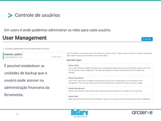 Controle de usuários
Em users é onde podemos administrar as roles para cada usuário.
17
É possível estabelecer as
unidades de backup que o
usuário pode acessar ou
administração financeira da
ferramenta.
 