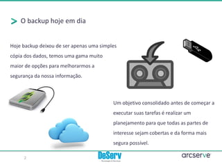 O backup hoje em dia
2
Um objetivo consolidado antes de começar a
executar suas tarefas é realizar um
planejamento para que todas as partes de
interesse sejam cobertas e da forma mais
segura possível.
Hoje backup deixou de ser apenas uma simples
cópia dos dados, temos uma gama muito
maior de opções para melhorarmos a
segurança da nossa informação.
 