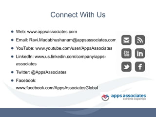 Connect With Us
Web: www.appsassociates.com
Email: Ravi.Madabhushanam@appsassociates.com
YouTube: www.youtube.com/user/App...