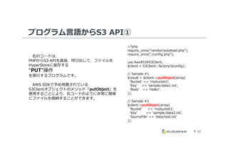 プログラム言語からS3 API①
<?php
require_once("vendor/autoload.php");
require_once("./config.php");
use Aws¥S3¥S3Client;
$client = S3Client::factory($config);
// Sample #1
$result = $client->putObject(array(
'Bucket' => 'mybucket1',
右のコードは、
PHPからS3 APIを直接、呼び出して、ファイルを
HyperStoreに保存する
“PUT”操作
を実⾏するプログラムです。
P. 12
'Bucket' => 'mybucket1',
'Key' => 'sample/data1.txt',
'Body' => 'Hello!',
));
// Sample #2
$client->putObject(array(
'Bucket' => 'mybucket1',
'Key' => 'sample/data2.txt',
'SourceFile' => 'data/test.txt'
));
AWS SDKで予め⽤意されている
S3Clientオブジェクトのメソッド「putObject」を
使⽤することにより、右コードのように非常に簡単
にファイルを格納することができます。
 