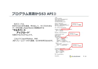 プログラム言語からS3 API③
<?php
set_time_limit(300);
require_once("vendor/autoload.php");
require_once("./config.php");
use Aws¥S3¥S3Client;
use Aws¥Common¥Enum¥Size;
$bucket = ‘data-bucket';
$keyname = 'MultipartUpload.dat';
$filename = "./data/MultipartUpload.dat";
$file = fopen($filename, 'r');
$s3 = S3Client::factory($config);
$response = $s3->createMultipartUpload(array(
'Bucket' => $bucket,
'Key' => $keyname
));
$uploadId = $response['UploadId'];
// Upload the data in parts.
マルチパート
アップロードの開始
マルチパート
アップロードの実⾏
右のコードは、
PHPからS3 APIを直接、呼び出して、サイズの大きな
データを分割しHyperStoreに高速転送する
“マルチパート
アップロード”
を実⾏するプログラムです。
P. 14
// Upload the data in parts.
$parts = array();
$partNumber = 1;
while (!feof($file)) {
$result = $s3->uploadPart(array(
'Bucket' => $bucket,
'Key' => $keyname,
'UploadId' => $uploadId,
'PartNumber' => $partNumber,
'Body' => fread($file, 5 * Size::MB),
));
$parts[] = array(
'PartNumber' => $partNumber++,
'ETag' => $result['ETag'],
);
}
// Complete multipart upload.
$result = $s3->completeMultipartUpload(array(
'Bucket' => $bucket,
'Key' => $keyname,
'UploadId' => $uploadId,
'Parts' => $parts,
));
$url = $result['Location'];
fclose($file);
アップロードの実⾏
マルチパート
アップロードの完了
を実⾏するプログラムです。
このようにJavaやPython、PHP、
.NETフレームワークから直接、S3 APIを呼び出せます。
 