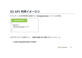 S3 API 利用イメージ②
②パッケージの依存関係を記載する「composer.json」ファイルを作成
{
"require": {
"aws/aws-sdk-php": "2.*"
}
composer.json
P. 9
}
}
③以下のコマンドを実⾏して、“AWS SDK for PHP 2”をインストール
$ php composer.phar install
 