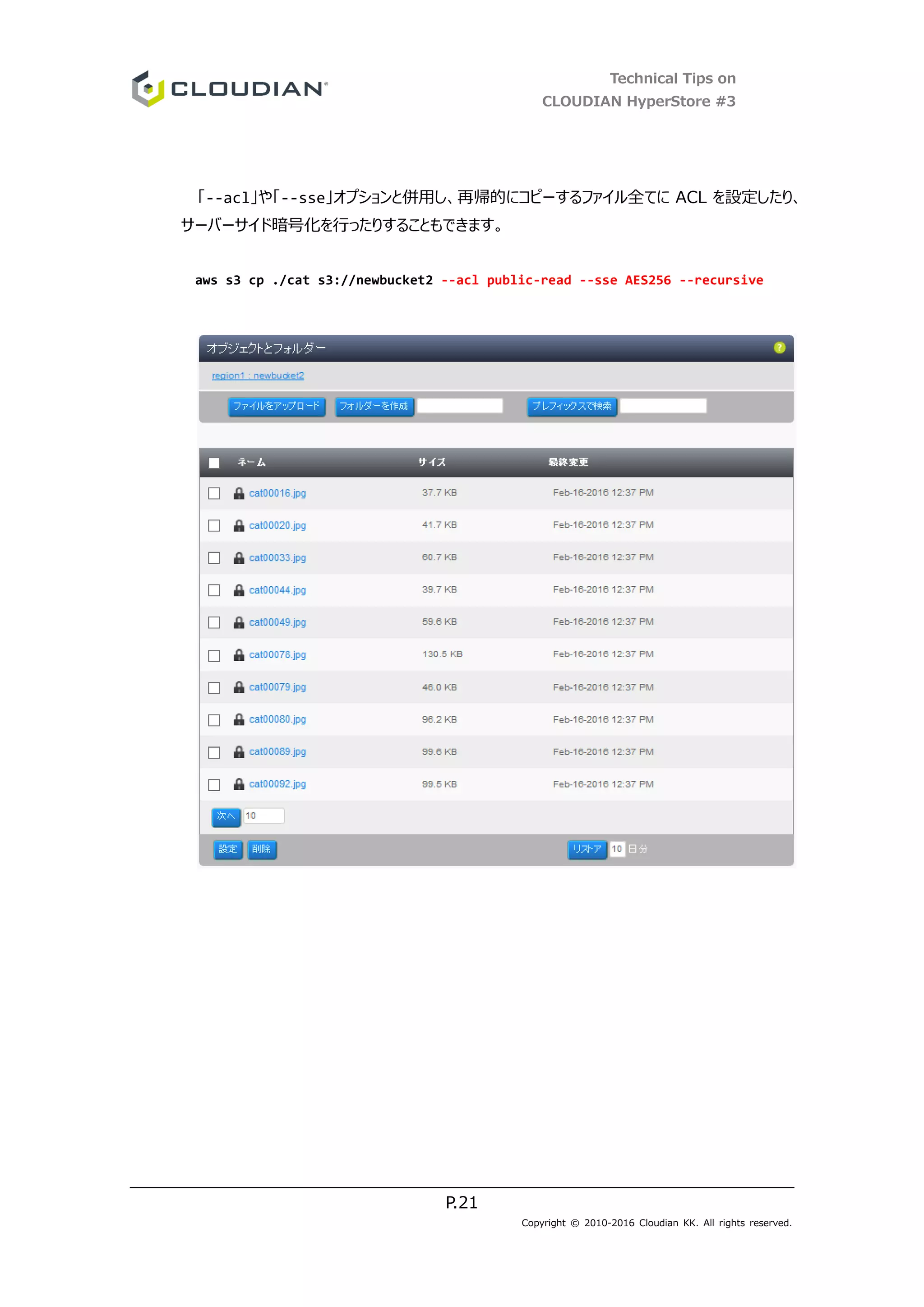 Technical Tips on
CLOUDIAN HyperStore #3
P.21
Copyright © 2010-2016 Cloudian KK. All rights reserved.
「--acl」や「--sse」オプションと併用し、再帰的にコピーするファイル全てに ACL を設定したり、
サーバーサイド暗号化を行ったりすることもできます。
aws s3 cp ./cat s3://newbucket2 --acl public-read --sse AES256 --recursive
 
