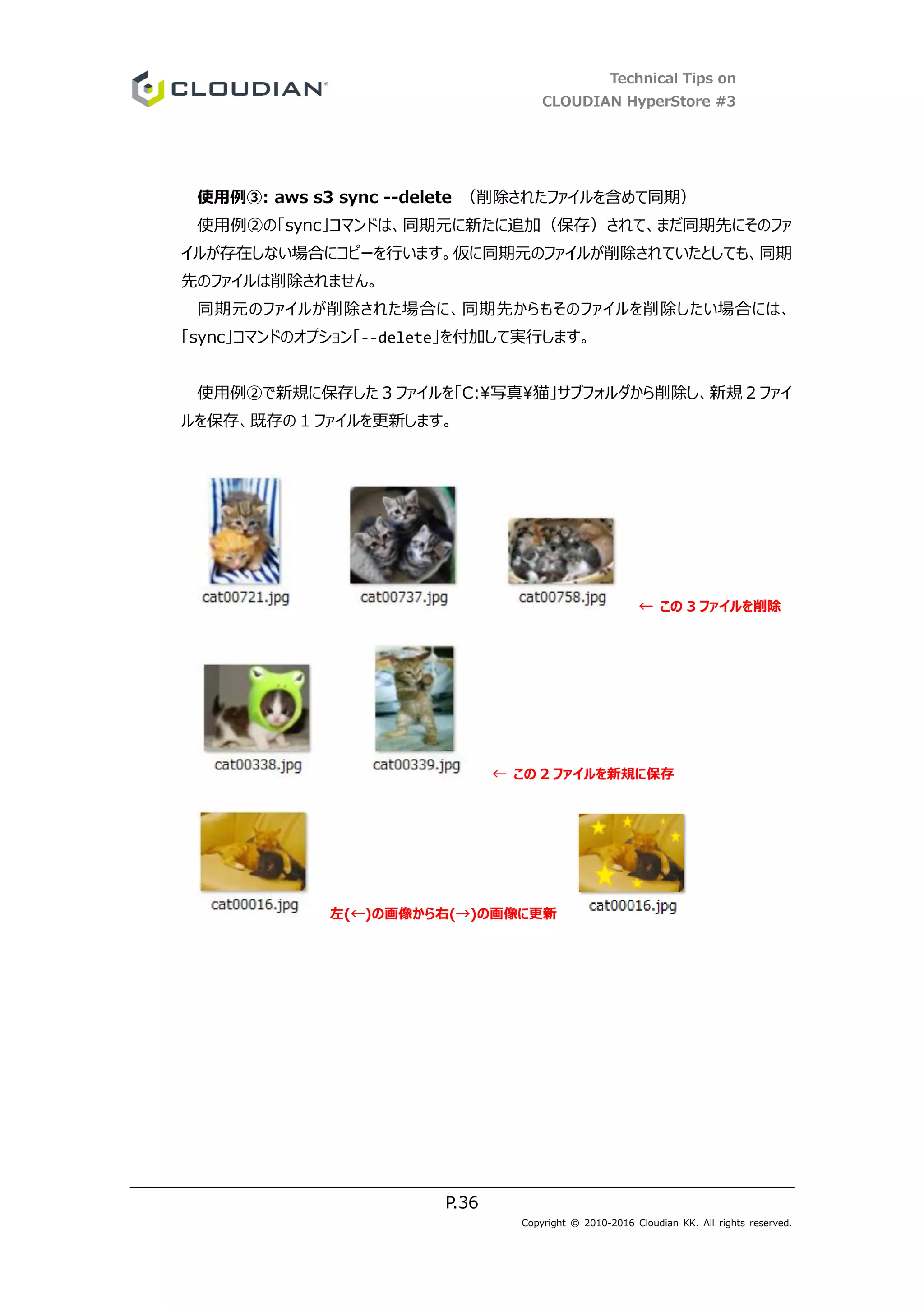 Technical Tips on
CLOUDIAN HyperStore #3
P.36
Copyright © 2010-2016 Cloudian KK. All rights reserved.
使用例③: aws s3 sync --delete （削除されたファイルを含めて同期）
使用例②の「sync」コマンドは、同期元に新たに追加（保存）されて、まだ同期先にそのファ
イルが存在しない場合にコピーを行います。仮に同期元のファイルが削除されていたとしても、同期
先のファイルは削除されません。
同期元のファイルが削除された場合に、同期先からもそのファイルを削除したい場合には、
「sync」コマンドのオプション「--delete」を付加して実行します。
使用例②で新規に保存した 3 ファイルを「C:写真猫」サブフォルダから削除し、新規 2 ファイ
ルを保存、既存の 1 ファイルを更新します。
← この 3 ファイルを削除
← この 2 ファイルを新規に保存
左(←)の画像から右(→)の画像に更新
 