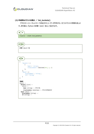 Technical Tips on
CLOUDIAN HyperStore #3
P.15
Copyright © 2010-2016 Cloudian KK. All rights reserved.
(3) 作成済みバケットの表示 ／ list_buckets()
アクセスキーとシークレットキーで認証されたユーザーが所有する、全てのバケットの情報を返しま
す。戻り値は、Python の辞書（dict）型として返されます。
response = client.list_buckets()
辞書（dict）型
{
'Buckets': [
{
'Name': 'string',
'CreationDate': datetime(2015, 1, 1)
},
],
'Owner': {
'DisplayName': 'string',
'ID': 'string'
}
}
【構成】
(dict) --
Buckets (list) --
(dict) --
Name (string) -- バケット名
CreationDate (datetime) -- バケットの作成日付
Owner (dict) --
DisplayName (string) --
ID (string) --
構 文
戻り値型
戻り値
 