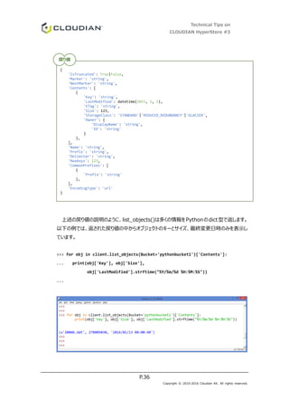 Technical Tips on
CLOUDIAN HyperStore #3
P.36
Copyright © 2010-2016 Cloudian KK. All rights reserved.
上述の戻り値の説明のように、list_objects()は多くの情報をPythonのdict型で返します。
以下の例では、返された戻り値の中からオブジェクトのキーとサイズ、最終変更日時のみを表示し
ています。
>>> for obj in client.list_objects(Bucket='pythonbucket1')['Contents']:
... print(obj['Key'], obj['Size'],
obj['LastModified'].strftime("%Y/%m/%d %H:%M:%S"))
...
{
'IsTruncated': True|False,
'Marker': 'string',
'NextMarker': 'string',
'Contents': [
{
'Key': 'string',
'LastModified': datetime(2015, 1, 1),
'ETag': 'string',
'Size': 123,
'StorageClass': 'STANDARD'|'REDUCED_REDUNDANCY'|'GLACIER',
'Owner': {
'DisplayName': 'string',
'ID': 'string'
}
},
],
'Name': 'string',
'Prefix': 'string',
'Delimiter': 'string',
'MaxKeys': 123,
'CommonPrefixes': [
{
'Prefix': 'string'
},
],
'EncodingType': 'url'
}
戻り値
 