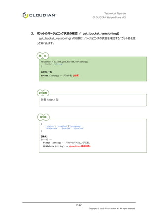 Technical Tips on
CLOUDIAN HyperStore #3
P.42
Copyright © 2010-2016 Cloudian KK. All rights reserved.
2. バケットのバージョニング状態の確認 ／ get_bucket_versioning()
get_bucket_versioning()の引数に、バージョニングの状態を確認するバケット名を渡
して実行します。
response = client.get_bucket_versioning(
Bucket='string'
)
【パラメータ】
Bucket (string) -- バケット名 [必須]
辞書（dict）型
{
'Status': 'Enabled'|'Suspended',
'MFADelete': 'Enabled'|'Disabled'
}
【構成】
(dict) --
Status (string) -- バケットのバージョニング状態。
MFADelete (string) -- HyperStore は未対応。
構 文
戻り値型
戻り値
 