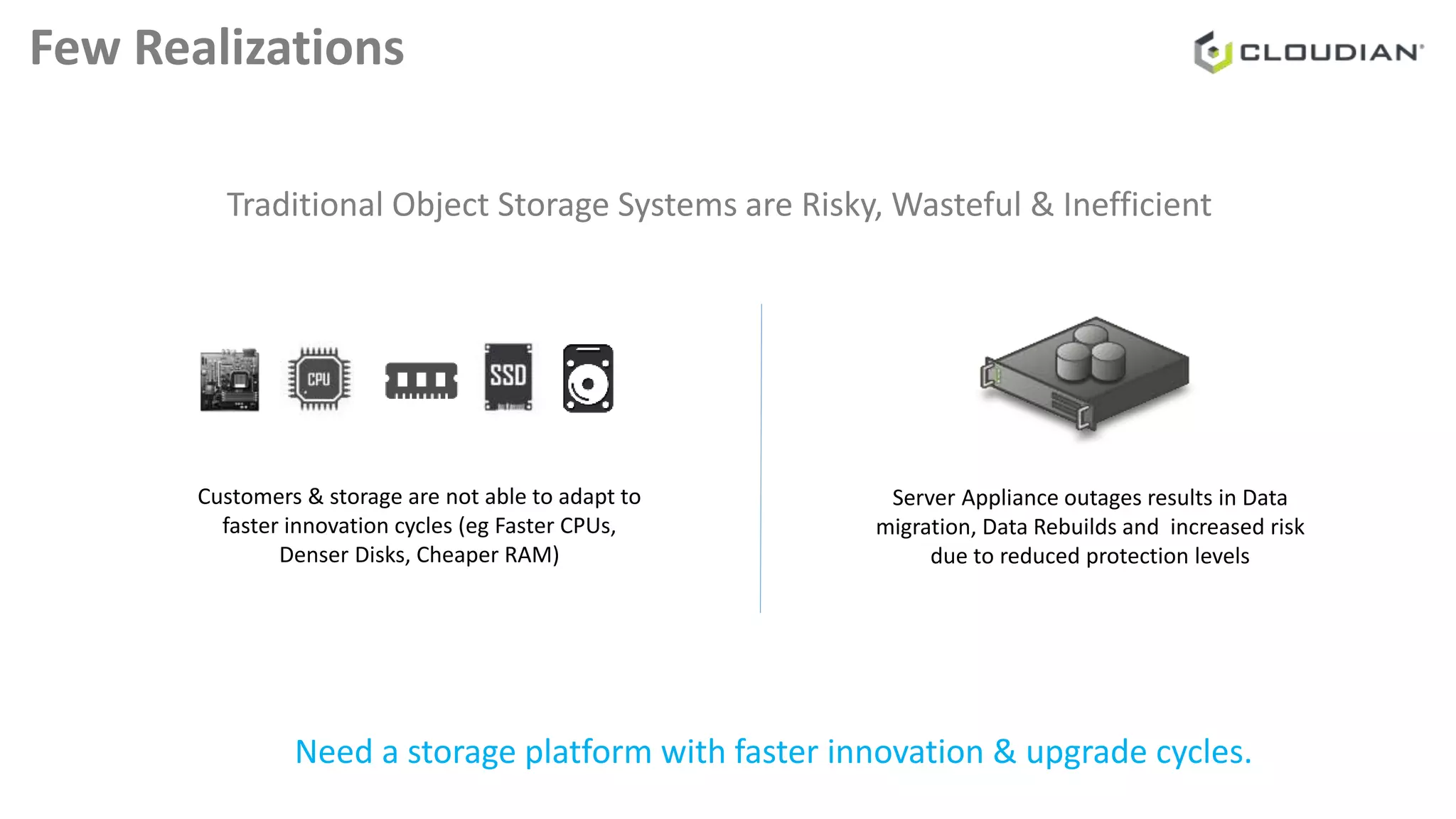 Few Realizations
Traditional Object Storage Systems are Risky, Wasteful & Inefficient
Need a storage platform with faster innovation & upgrade cycles.
Server Appliance outages results in Data
migration, Data Rebuilds and increased risk
due to reduced protection levels
Customers & storage are not able to adapt to
faster innovation cycles (eg Faster CPUs,
Denser Disks, Cheaper RAM)
 