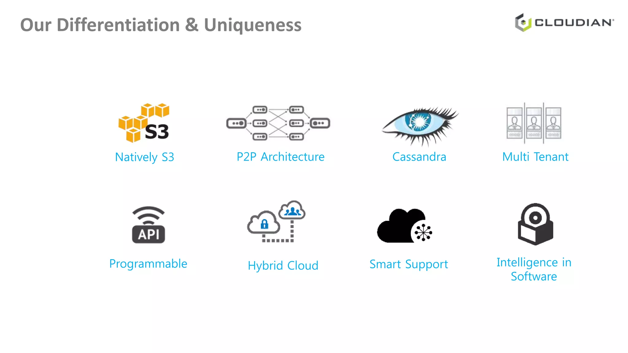 Our Differentiation & Uniqueness
Multi TenantCassandra
Hybrid Cloud Smart Support
P2P Architecture
Programmable
Natively S3
Intelligence in
Software
 