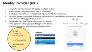 Identity Provider (IdP)
● A source for identities (Internal IdP, Google, Facebook, Twitter)
● Handles authentication and provides identity information
● Usually backed by LDAP, but could be something else, like AD (Active Directory)
● Essentially, software that abstracts out the actual backend and translates user attributes to a standard
protocol format (SAML, OpenID Connect, etc.)
● If you’ve ever used your Gmail account to sign into another
online application… then you’ve used Google as the Identity
Provider and the other application as the Service Provider
Use Case:
- Leverage new
Federated Identity
- An IdP already exists
- Non-LDAP identity
source
 