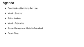 Agenda
● OpenStack and Keystone Overview
● Identity Sources
● Authentication
● Identity Federation
● Access Management Model in OpenStack
● Future Plans
 
