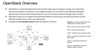 OpenStack Overview
● OpenStack is a cloud operating system that controls large pools of compute, storage, and networking
resources throughout a datacenter, all managed through a rich set of APIs and a dashboard that gives
administrators control while empowering their users to provision resources through a web interface
● OpenStack’s goals are to support interoperability between cloud services and allow businesses to build
AWS-like cloud services in their own data centers
● Available as Free and Open Source under the Apache 2.0 license Keystone - provides authentication and
authorization for all the services.
Nova - provides virtual machines (VMs)
Swift - supports object storage.
Cinder - persistent block storage to VMs.
Glance - catalog and repository for virtual
disk images.
Horizon - Web-based interface for
services.
Neutron - networking-as-a-service
between interface devices
 