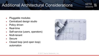 © 2017 Aarna Networks, Inc.
Additional Architectural Considerations
● Pluggable modules
● Centralized design studio
● Policy driven
● Real-time
● Self-service (users, operators)
● Multi-tenant
● Secure
● Closed loop (and open loop)
automation
 