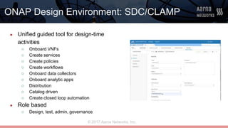 © 2017 Aarna Networks, Inc.
ONAP Design Environment: SDC/CLAMP
● Unified guided tool for design-time
activities
○ Onboard VNFs
○ Create services
○ Create policies
○ Create workflows
○ Onboard data collectors
○ Onboard analytic apps
○ Distribution
○ Catalog driven
○ Create closed loop automation
● Role based
○ Design, test, admin, governance
 