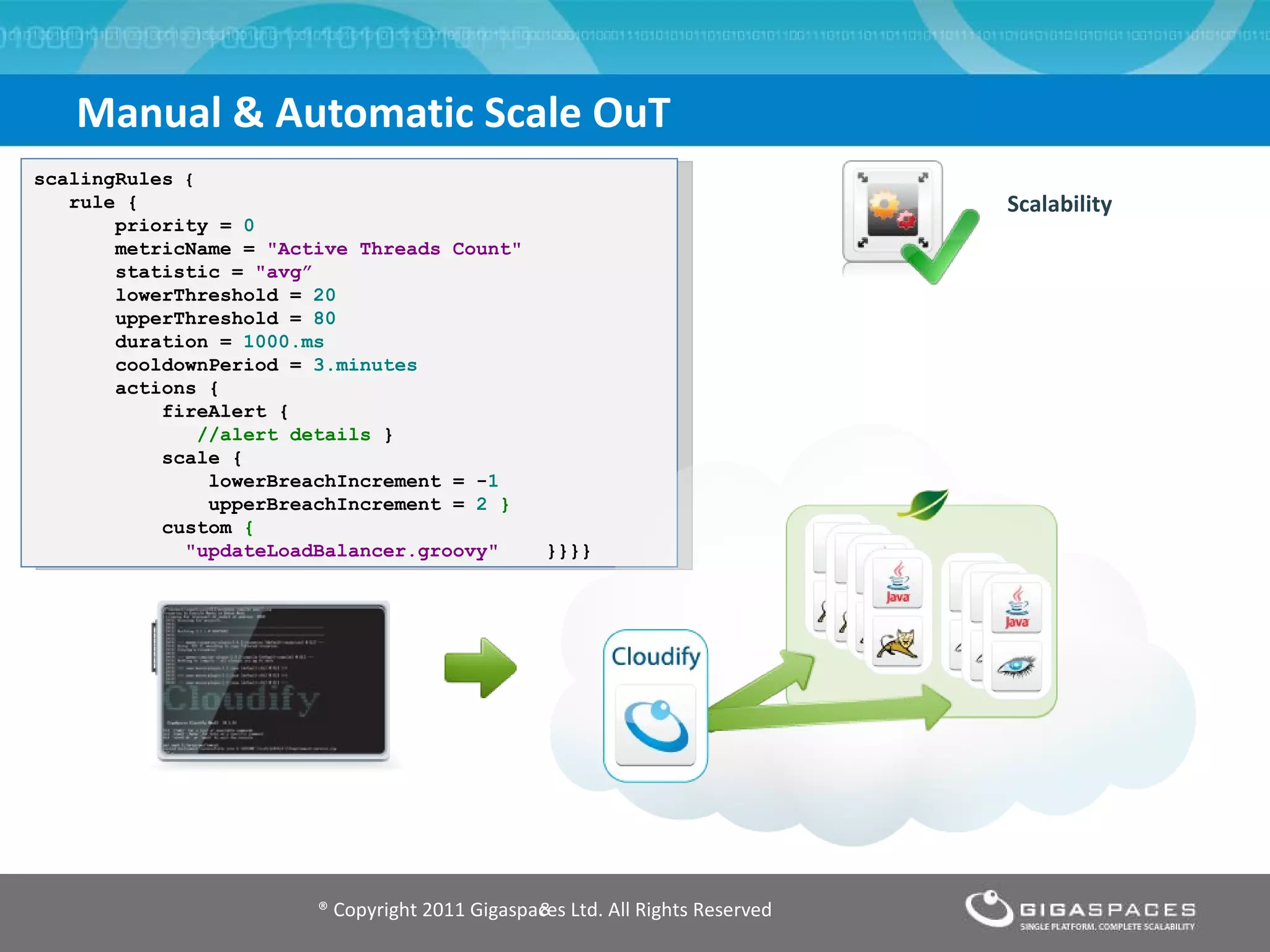 Manual & Automatic Scale OuT ® Copyright 2011 Gigaspaces Ltd. All Rights Reserved Scalability scalingRules   { rule   { priority   =   0 metricName   =   &quot;Active Threads Count&quot;   statistic   =   &quot;avg”   lowerThreshold   =   20 upperThreshold   =   80 duration   =   1000.ms cooldownPeriod   =   3.minutes   actions { fireAlert { //alert details  } scale { lowerBreachIncrement   =   - 1 upperBreachIncrement   =   2  } custom  { &quot;updateLoadBalancer.groovy&quot;   }}}} 