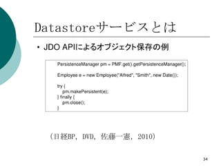 Datastoreサービスとは




 （日経BP，DVD，佐藤一憲，2010）

                        34
 