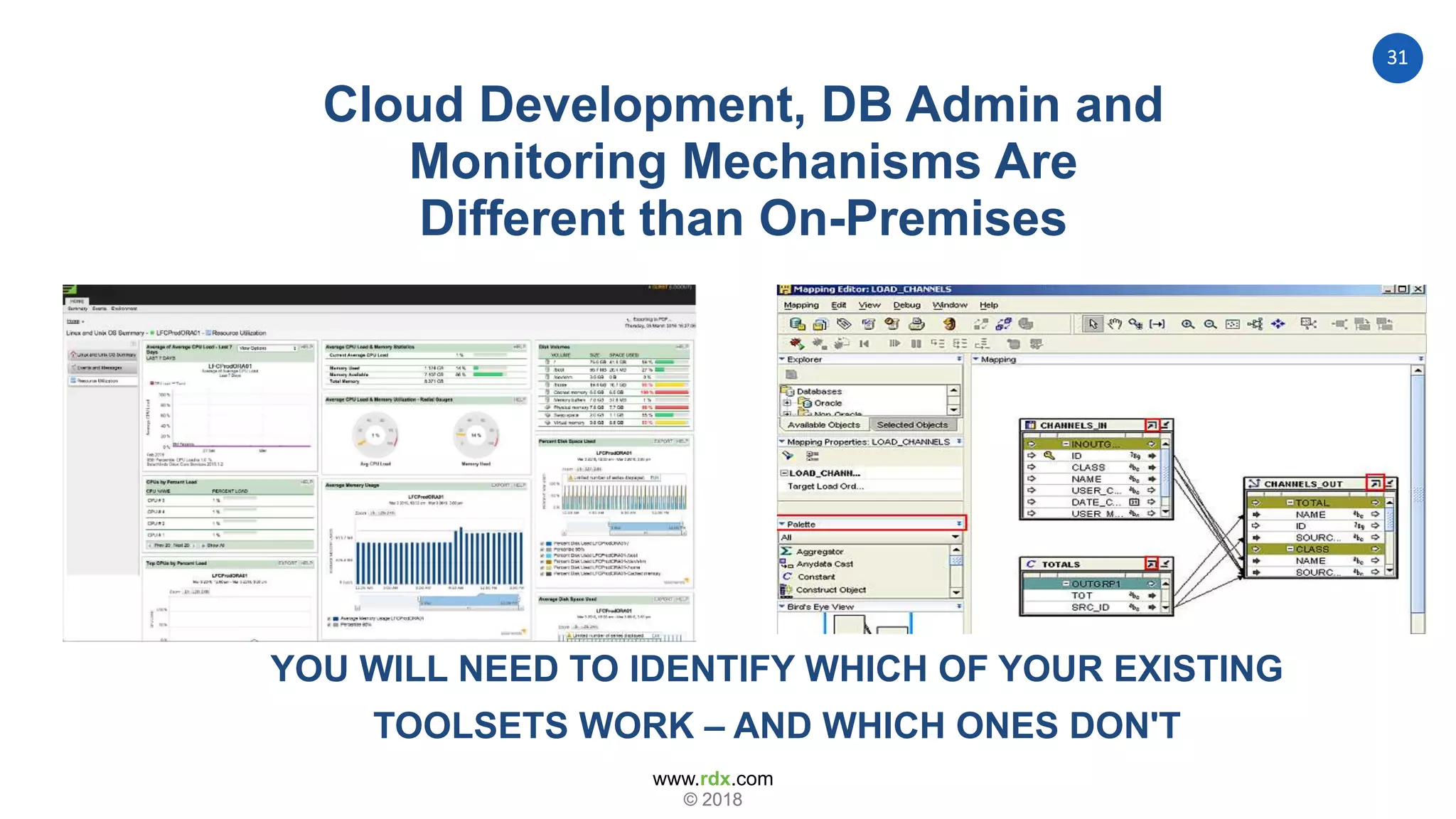 www.rdx.com
31
© 2018© 2018
YOU WILL NEED TO IDENTIFY WHICH OF YOUR EXISTING
TOOLSETS WORK – AND WHICH ONES DON'T
Cloud Development, DB Admin and
Monitoring Mechanisms Are
Different than On-Premises
 