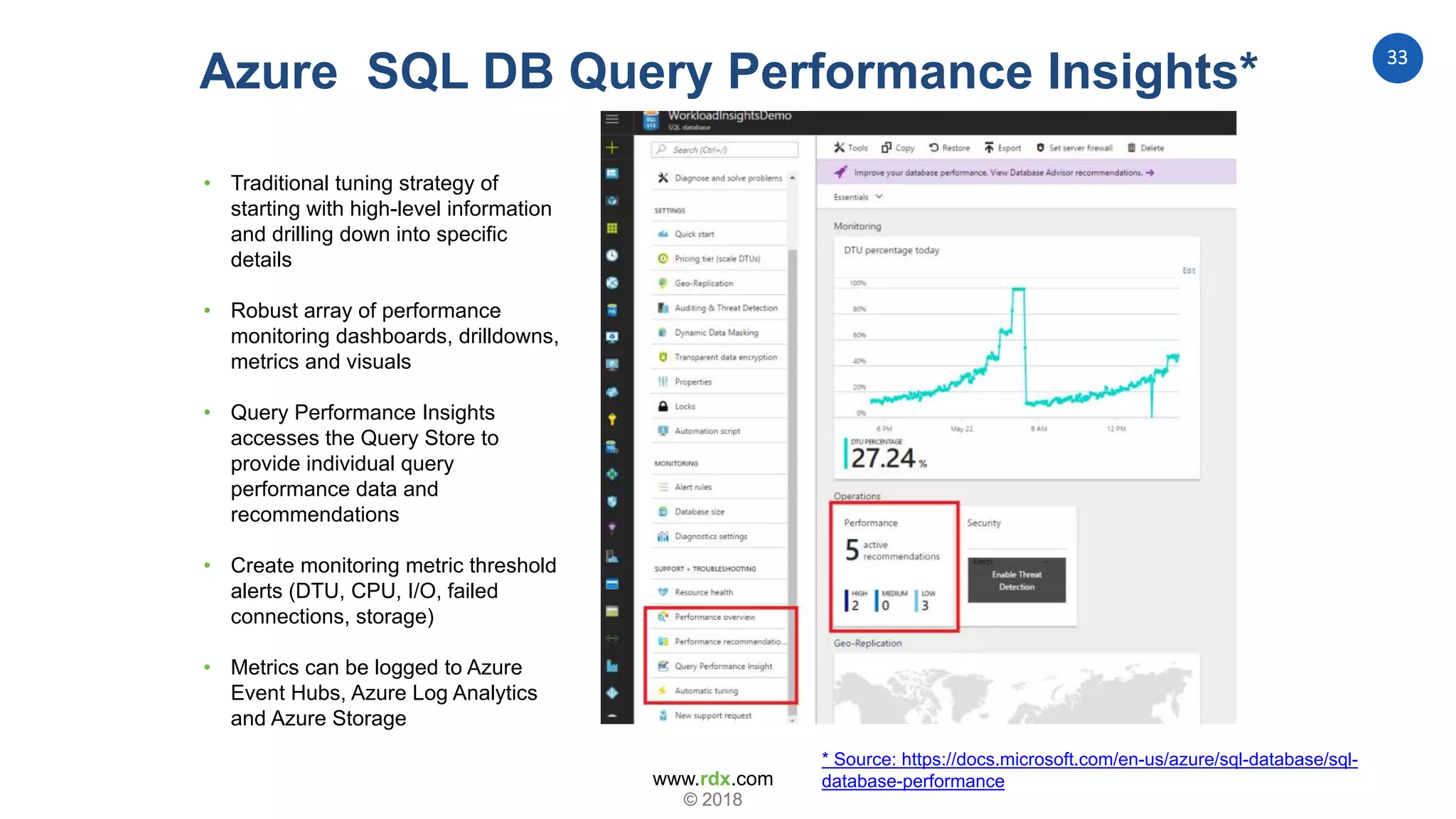 www.rdx.com
33
© 2018© 2018
Performance Monitoring
• Traditional tuning strategy of
starting with high-level information
and drilling down into specific
details
• Robust array of performance
monitoring dashboards, drilldowns,
metrics and visuals
• Query Performance Insights
accesses the Query Store to
provide individual query
performance data and
recommendations
• Create monitoring metric threshold
alerts (DTU, CPU, I/O, failed
connections, storage)
• Metrics can be logged to Azure
Event Hubs, Azure Log Analytics
and Azure Storage
* Source: https://docs.microsoft.com/en-us/azure/sql-database/sql-
database-performance
Azure SQL DB Query Performance Insights*
 