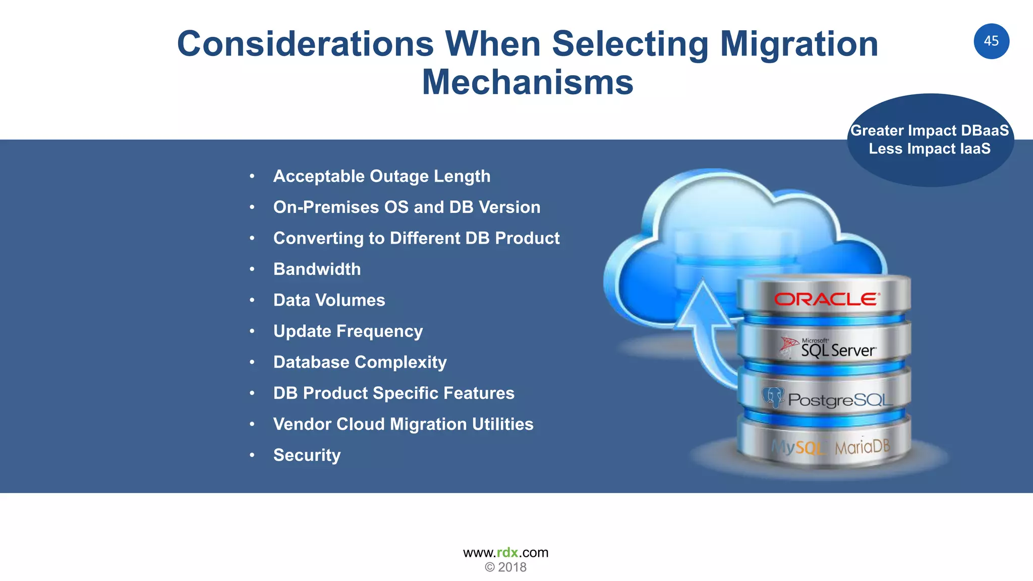 www.rdx.com
45
© 2018© 2018
• Acceptable Outage Length
• On-Premises OS and DB Version
• Converting to Different DB Product
• Bandwidth
• Data Volumes
• Update Frequency
• Database Complexity
• DB Product Specific Features
• Vendor Cloud Migration Utilities
• Security
Considerations When Selecting Migration
Mechanisms
Greater Impact DBaaS
Less Impact IaaS
 