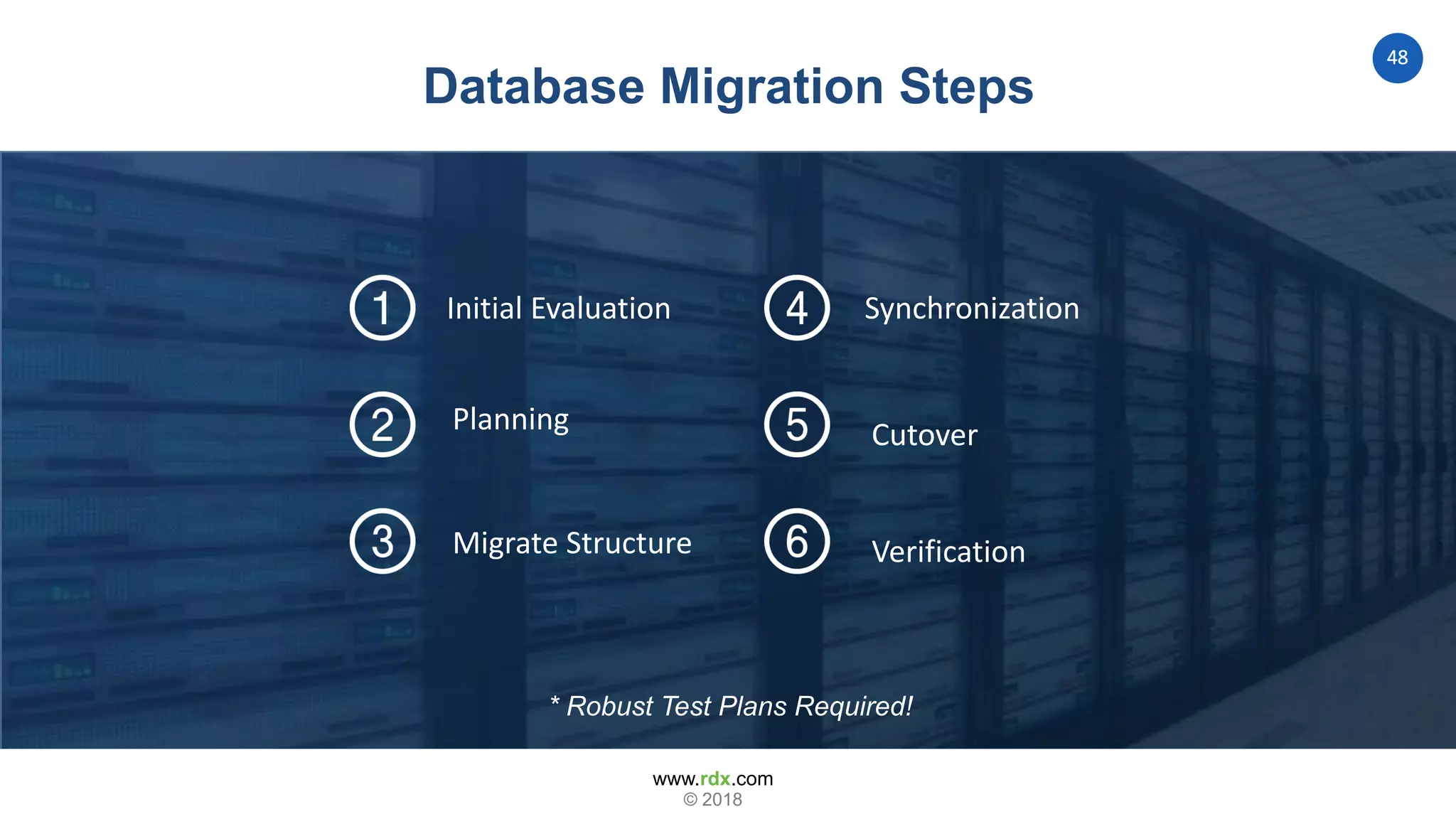 www.rdx.com
48
© 2018
Database Migration Steps
* Robust Test Plans Required!
Verification
Cutover
SynchronizationInitial Evaluation
Migrate Structure
Planning
 