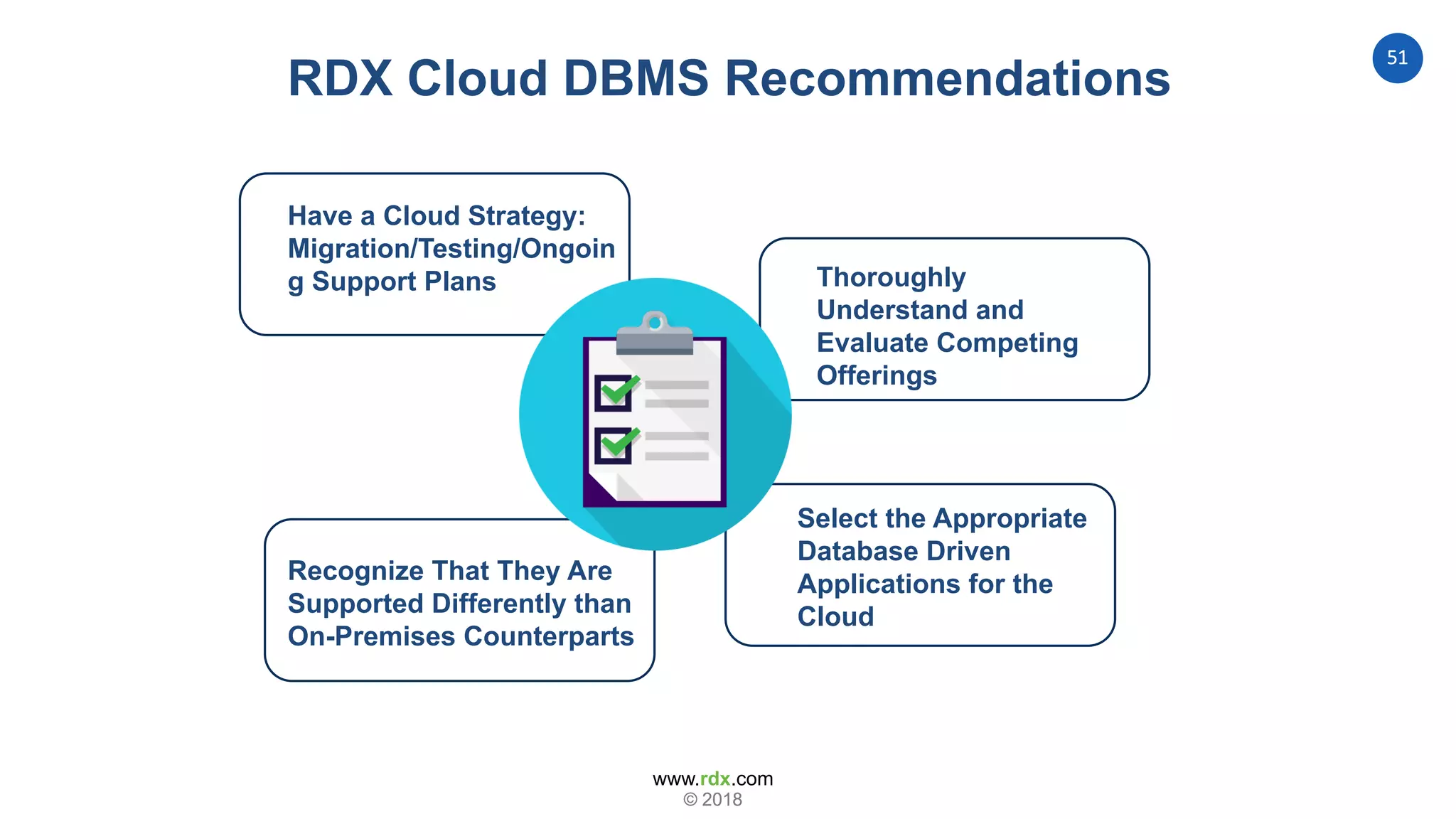 www.rdx.com
51
© 2018© 2018
Select the Appropriate
Database Driven
Applications for the
Cloud
Have a Cloud Strategy:
Migration/Testing/Ongoin
g Support Plans Thoroughly
Understand and
Evaluate Competing
Offerings
Recognize That They Are
Supported Differently than
On-Premises Counterparts
RDX Cloud DBMS Recommendations
 