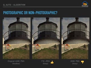 Q_AUTO - ALGORITHM
PHOTOGRAPHIC OR NON-PHOTOGRAPHIC?
Original: 634K PNG 
(lossless)
71K JPEG 
(lossy)
204K PNG 
(lossy)👍 👎
 