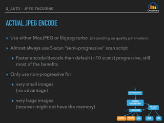 Q_AUTO - JPEG ENCODING
ACTUAL JPEG ENCODE
▸ Use either MozJPEG or libjpeg-turbo (depending on quality parameters)
▸ Almost always use 5-scan “semi-progressive” scan script
▸ Faster encode/decode than default (~10 scans) progressive, still
most of the beneﬁts
▸ Only use non-progressive for
▸ very small images 
(no advantage)
▸ very large images 
(receiver might not have the memory)
NON-PHOTOGRAPHIC?
CHROMA
SUBSAMPLING?
Y-DSSIM SCORE
TRIAL LOSSLESS
PNG/WEBP
LIBJPEG PNG
LOSSLESS
WEBP
LOSSY 
WEBPMOZJPEG
 