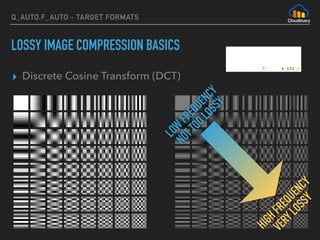 Q_AUTO,F_AUTO - TARGET FORMATS
LOSSY IMAGE COMPRESSION BASICS
▸ Discrete Cosine Transform (DCT)
LOW
FREQUENCY 
NOTTOOLOSSY
HIGHFREQUENCY 
VERYLOSSY
 