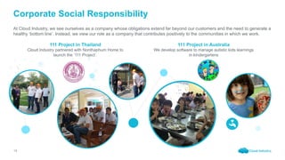 13
Corporate Social Responsibility
​ 111 Project in Thailand
​ Cloud Industry partnered with Nonthaphum Home to
launch the...