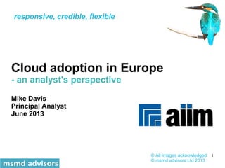 1
Cloud adoption in Europe
- an analyst's perspective
Mike Davis
Principal Analyst
June 2013
© All images acknowledged
© msmd advisors Ltd 2013
responsive, credible, flexible
 