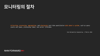 모니터링의 절차
Collecting, processing, aggregating, and displaying real-time quantitative data about a system, such as query
counts and types, processing times, and server lifetimes.
Site Reliability Engineering – O’Reilly 2016
 