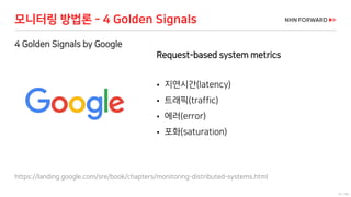 61 / 66
Request-based system metrics
 지연시간(latency)
 트래픽(traffic)
 에러(error)
 포화(saturation)
https://landing.google.com/sre/book/chapters/monitoring-distributed-systems.html
모니터링 방법론 - 4 Golden Signals
4 Golden Signals by Google
 