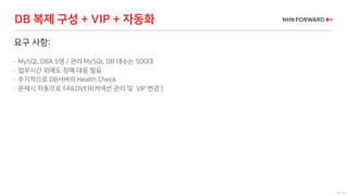 13 / 73
DB 복제 구성 + VIP + 자동화
요구 사항:
 MySQL DBA 5명 / 관리 MySQL DB 대수는 500대
 업무시간 외에도 장애 대응 필요
 주기적으로 DB서버의 Health Check
 문제시 자동으로 FAILOVER(커넥션 관리 및 VIP 변경 )
 