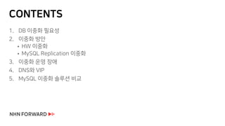 CONTENTS
1. DB 이중화 필요성
2. 이중화 방안
 HW 이중화
 MySQL Replication 이중화
3. 이중화 운영 장애
4. DNS와 VIP
5. MySQL 이중화 솔루션 비교
 