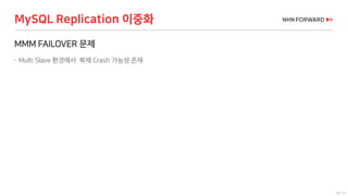 49 / 73
MMM FAILOVER 문제
 Multi Slave 환경에서 복제 Crash 가능성 존재
MySQL Replication 이중화
 