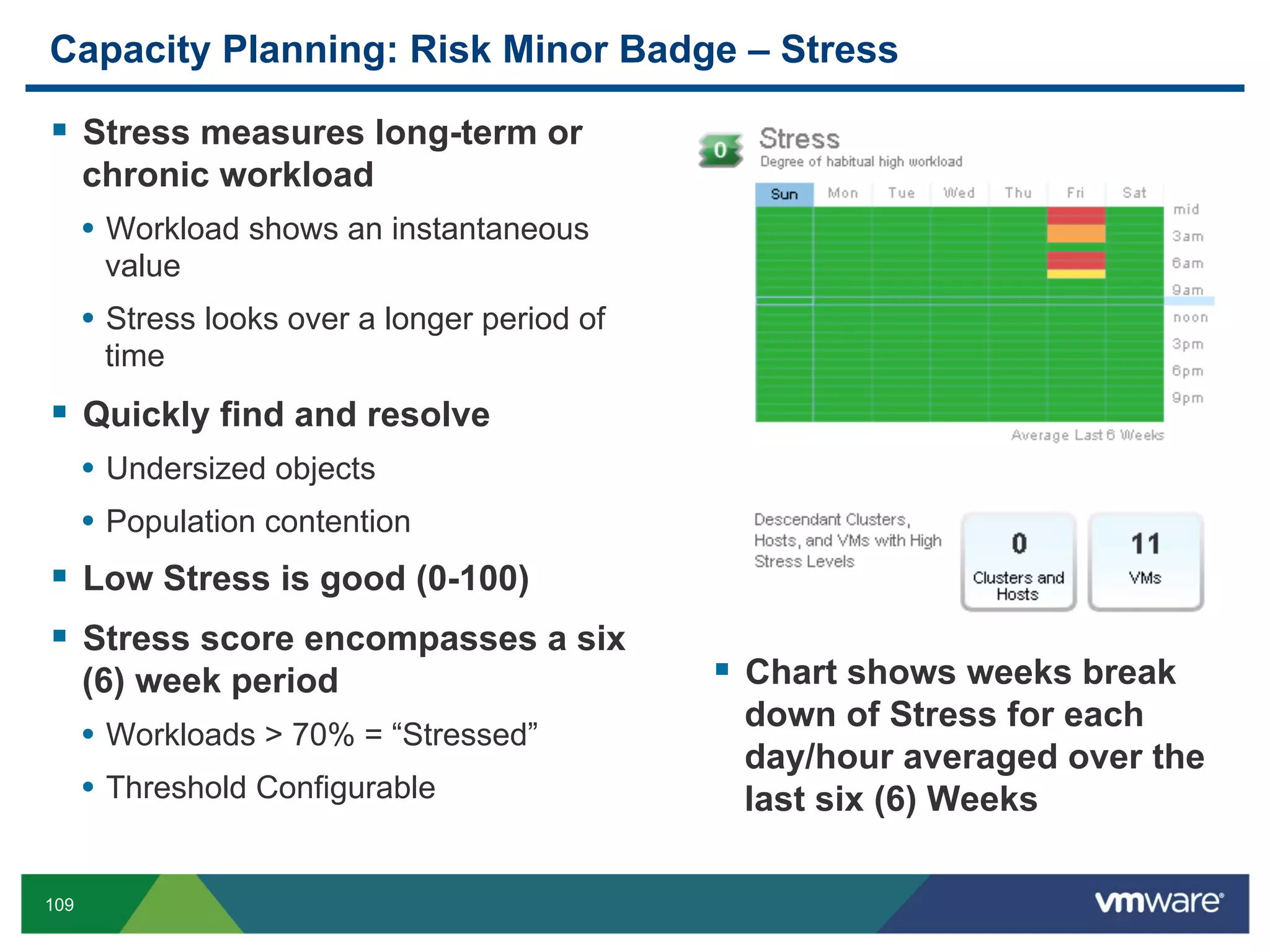 Capacity Planning: Risk Minor Badge – Stress

  Stress measures long-term or
      chronic workload
      •  Workload shows an instantaneous
       value
      •  Stress looks over a longer period of
       time
  Quickly find and resolve
      •  Undersized objects
      •  Population contention
  Low Stress is good (0-100)
  Stress score encompasses a six
      (6) week period                             Chart shows weeks break
                                                 down of Stress for each
      •  Workloads > 70% = “Stressed”
                                                 day/hour averaged over the
      •  Threshold Configurable                  last six (6) Weeks

109
 
