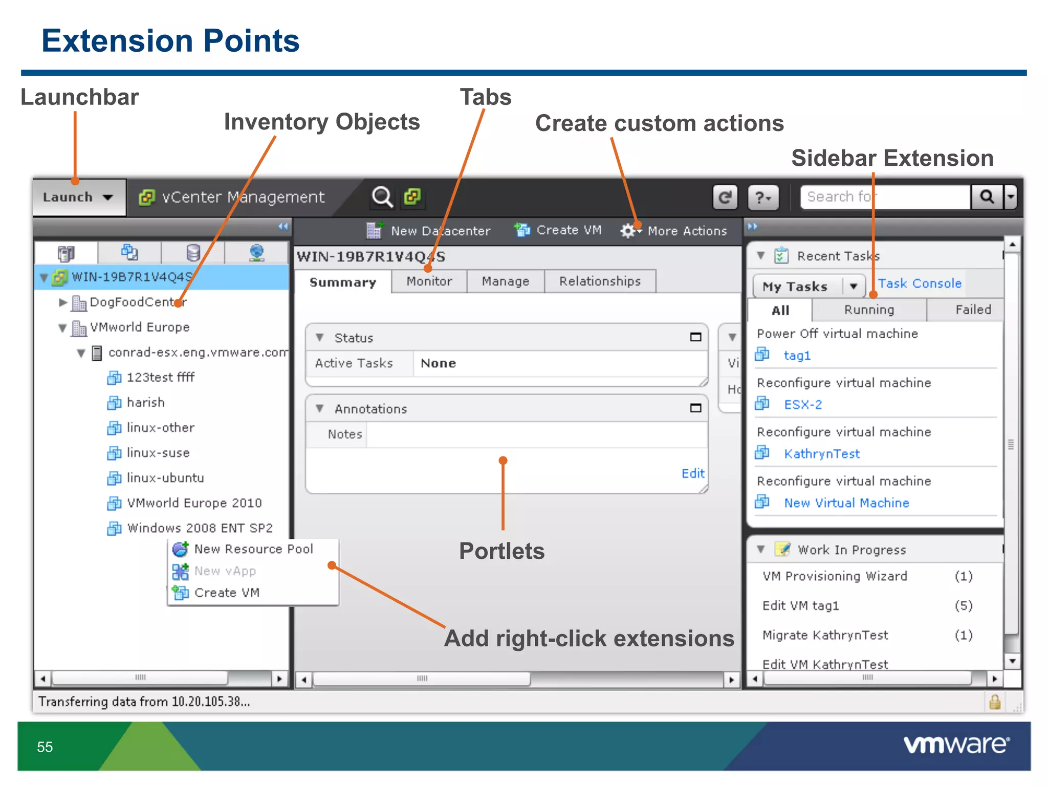 Extension Points
Launchbar                        Tabs
            Inventory Objects           Create custom actions
                                                                Sidebar Extension




                                 Portlets


                                Add right-click extensions



 55
 