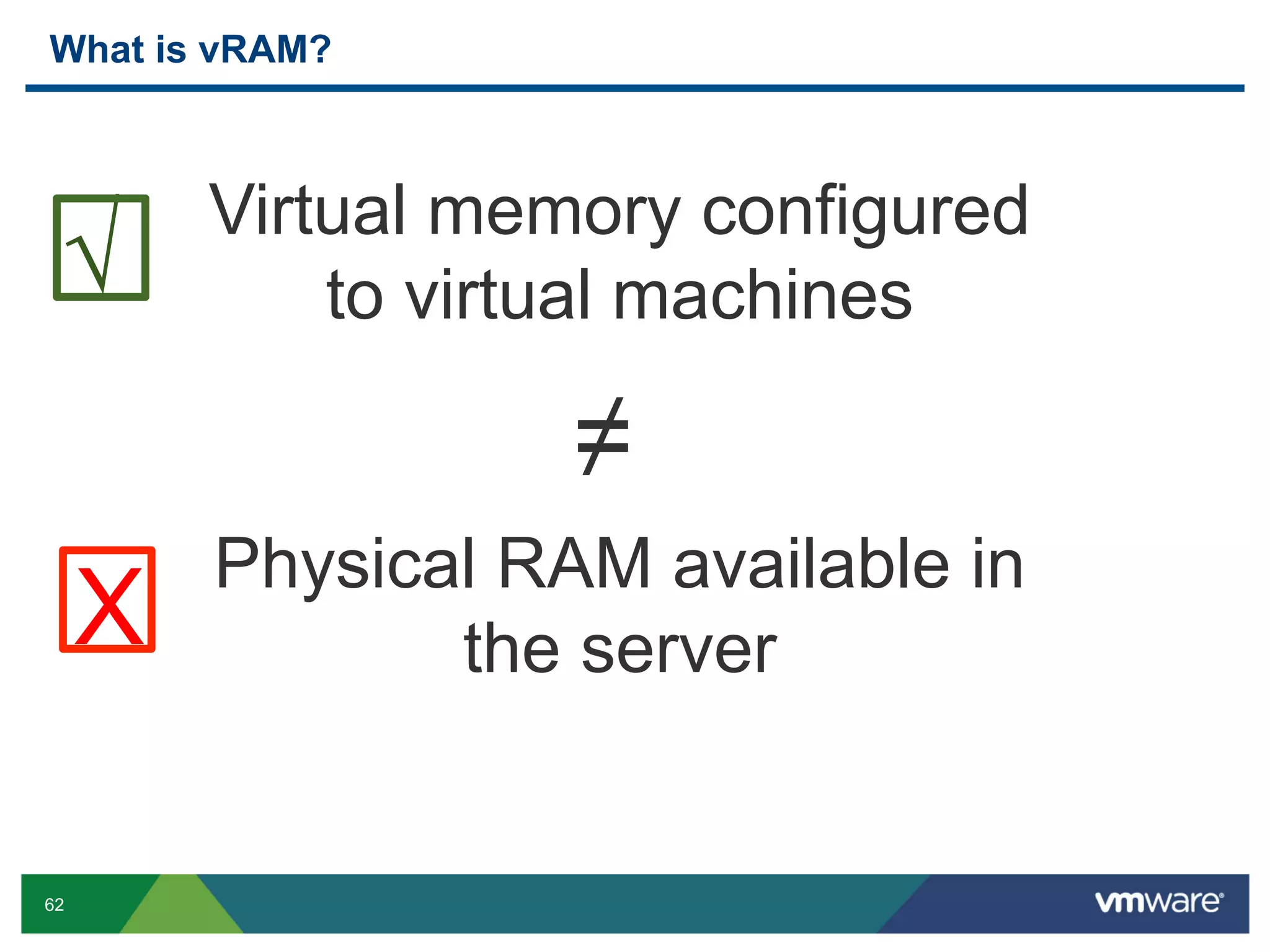 What is vRAM?



         Virtual memory configured
 √           to virtual machines

                    ≠
         Physical RAM available in
     X          the server


62
 