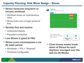 Capacity Planning: Risk Minor Badge – Stress

  Stress measures long-term or
      chronic workload
      •  Workload shows an instantaneous
       value
      •  Stress looks over a longer period of
       time
  Quickly find and resolve
      •  Undersized objects
      •  Population contention
  Low Stress is good (0-100)
  Stress score encompasses a six
      (6) week period                             Chart shows weeks break
                                                 down of Stress for each
      •  Workloads > 70% = “Stressed”
                                                 day/hour averaged over the
      •  Threshold Configurable                  last six (6) Weeks

109
 