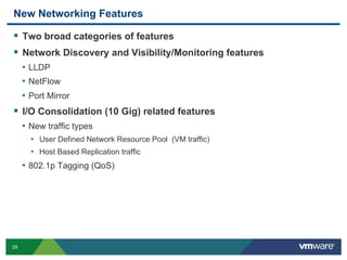 New Networking Features

  Two broad categories of features
  Network Discovery and Visibility/Monitoring features
     •  LLDP
     •  NetFlow
     •  Port Mirror
  I/O Consolidation (10 Gig) related features
     •  New traffic types
       •  User Defined Network Resource Pool (VM traffic)
       •  Host Based Replication traffic
     •  802.1p Tagging (QoS)




29
 