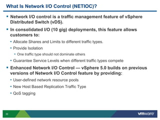 What Is Network I/O Control (NETIOC)?

  Network I/O control is a traffic management feature of vSphere
     Distributed Switch (vDS).
  In consolidated I/O (10 gig) deployments, this feature allows
     customers to:
     •  Allocate Shares and Limits to different traffic types.
     •  Provide Isolation
       •  One traffic type should not dominate others
     •  Guarantee Service Levels when different traffic types compete
  Enhanced Network I/O Control — vSphere 5.0 builds on previous
     versions of Network I/O Control feature by providing:
     •  User-defined network resource pools
     •  New Host Based Replication Traffic Type
     •  QoS tagging



35
 