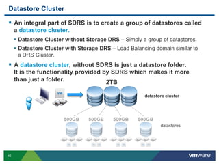 Datastore Cluster

  An integral part of SDRS is to create a group of datastores called
     a datastore cluster.
     •  Datastore Cluster without Storage DRS – Simply a group of datastores.
     •  Datastore Cluster with Storage DRS – Load Balancing domain similar to
      a DRS Cluster.
  A datastore cluster, without SDRS is just a datastore folder.
     It is the functionality provided by SDRS which makes it more
     than just a folder.               2TB

                                                        datastore cluster




                        500GB     500GB    500GB     500GB
                                                               datastores




40
 