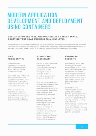 03
Modern application
development and deployment
using containers
Software application development and orchestration has been revolutionized with the arrival of
container technologies such as Docker. Developing, deploying and running your applications in
isolated containers gives a boost in scalability, productivity and developer happiness.
Docker is easily portable
across platforms.
Applications running in
containers can be
deployed easily in
multiple different
operating systems and
hardware platforms.
With containers your dev
and ops teams spend less
time debugging and
diagnosing differences in
environments, and more
time shipping new
functionality for users.
On your infrastructure
modernizing path,
investing in container
technology such as
Docker is almost a
prerequisite. The
container orchestration
platforms such as
Kubernetes provide even
further benefits such as
horizontal autoscaling.
DEPLOY SOFTWARE FAST, AND OPERATE AT A LARGER SCALE,
BOOSTING YOUR SAAS BUSINESS TO A NEW LEVEL.
AGILITY AND
FLEXIBILITY
HIGH
PRODUCTIVITY
PROVIDING
SECURITY
When things break, the
whole system won’t.
Because the applications
are isolated from the host
system and each other,
the damage is minimum
and control is maximum.
Every microservice runs in
complete isolation with
complete control over
traffic
Docker has also
implemented default
configurations that
provide greater protection
for applications running
within the Docker Engine,
making a strong security
default for all
containerized applications
while still leaving the
controls with the admin to
change configurations and
policies as needed.
Containers are
lightweight, isolated
processes that enable
more efficient use of
system resources.
Quick and easy setting up,
development and new
server environments saves
time in onboarding new
software developers and
testing new features.
There is consistency
between deployment,
testing and production
environments simplifying
and speeding up your
deployment significantly.
 
