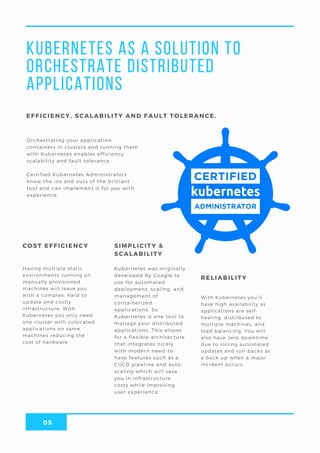 05
Kubernetes as a solution to
orchestrate distributed
applications
EFFICIENCY, SCALABILITY AND FAULT TOLERANCE.
Orchestrating your application
containers in clusters and running them
with Kubernetes enables efficiency,
scalability and fault tolerance.
Certified Kubernetes Administrators
know the ins and outs of the brilliant
tool and can implement it for you with
experience.
COST EFFICIENCY SIMPLICITY &
SCALABILITY
RELIABILITY
With Kubernetes you’ll
have high availability as
applications are self-
healing, distributed to
multiple machines, and
load balancing. You will
also have zero downtime
due to rolling automated
updates and roll-backs as
a back-up when a major
incident occurs.
Having multiple static
environments running on
manually provisioned
machines will leave you
with a complex, hard to
update and costly
infrastructure. With
Kubernetes you only need
one cluster with colocated
applications on same
machines reducing the
cost of hardware.
Kubernetes was originally
developed by Google to
use for automated
deployment, scaling, and
management of
containerized
applications. So
Kubernetes is one tool to
manage your distributed
applications. This allows
for a flexible architecture
that integrates nicely
with modern need-to-
have features such as a
CI/CD pipeline and auto-
scaling which will save
you in infrastructure
costs while improving
user experience.
 