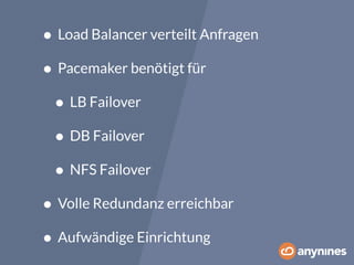 • Load Balancer verteilt Anfragen 
• Pacemaker benötigt für 
• LB Failover 
• DB Failover 
• NFS Failover 
• Volle Redundanz erreichbar 
• Aufwändige Einrichtung 
 