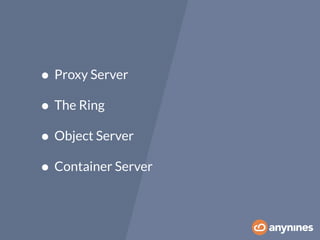 • Proxy Server 
• The Ring 
• Object Server 
• Container Server 
 